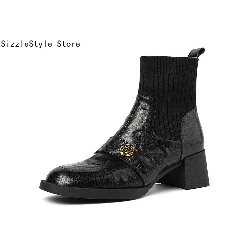 Primavera y otoño punta redonda Color sólido cuero costura textil decoración de Metal cómodo tacón grueso botas de mujer versátiles