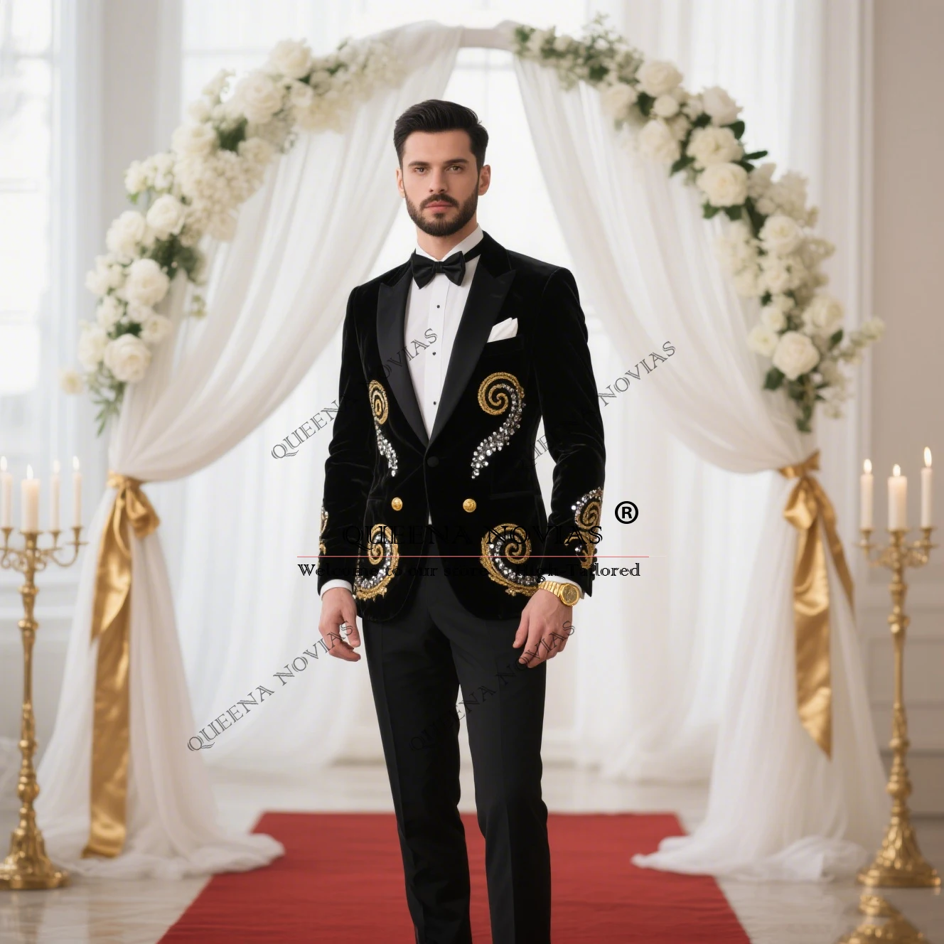 

Elegant Groom Wedding Suits Gold/Sliver Beaded Stones Prom Tuxedos Customized 2 Pieces Velvet Jacket Pants Man Banquet Clothes