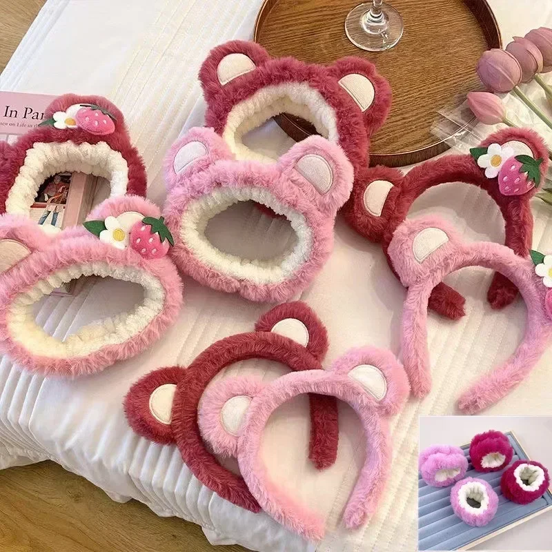Strawberry Bear Special Facial Hair Band, Women's Hair Band with Facial Mask, Hair Band for Home Use, Plush Hair Band