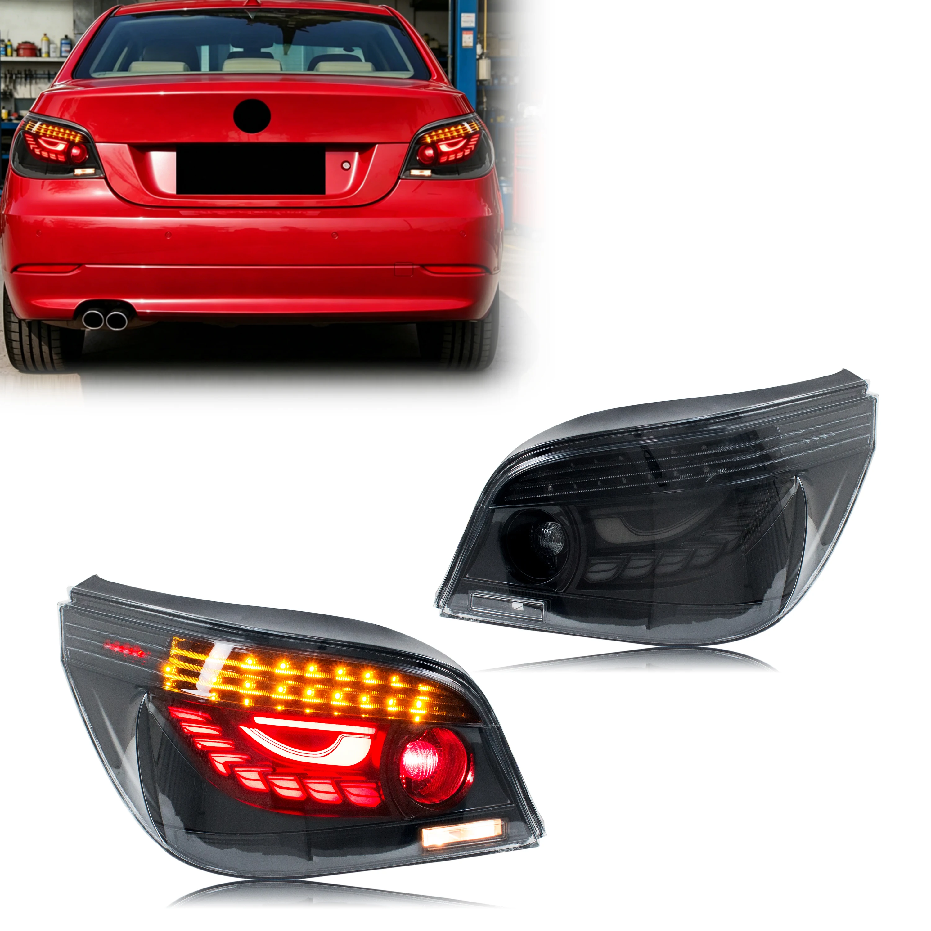 LED GTS Rückleuchten für BMW 5er E60 Limousine 2003-2009 LCI / Pre-LCI mit sequenziellem Blinker, Start-up Animation, getönte Heckleuchten-Baugruppe [Nicht passend für E61 Touring]
