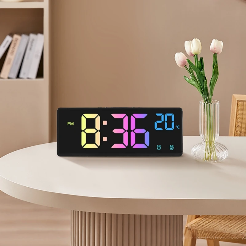 Colorful Digital Alarm Clock Voice Control Temperature Date Dual Alarm Snooze Table Clock Night Mode 12/24H LED Clock Watch