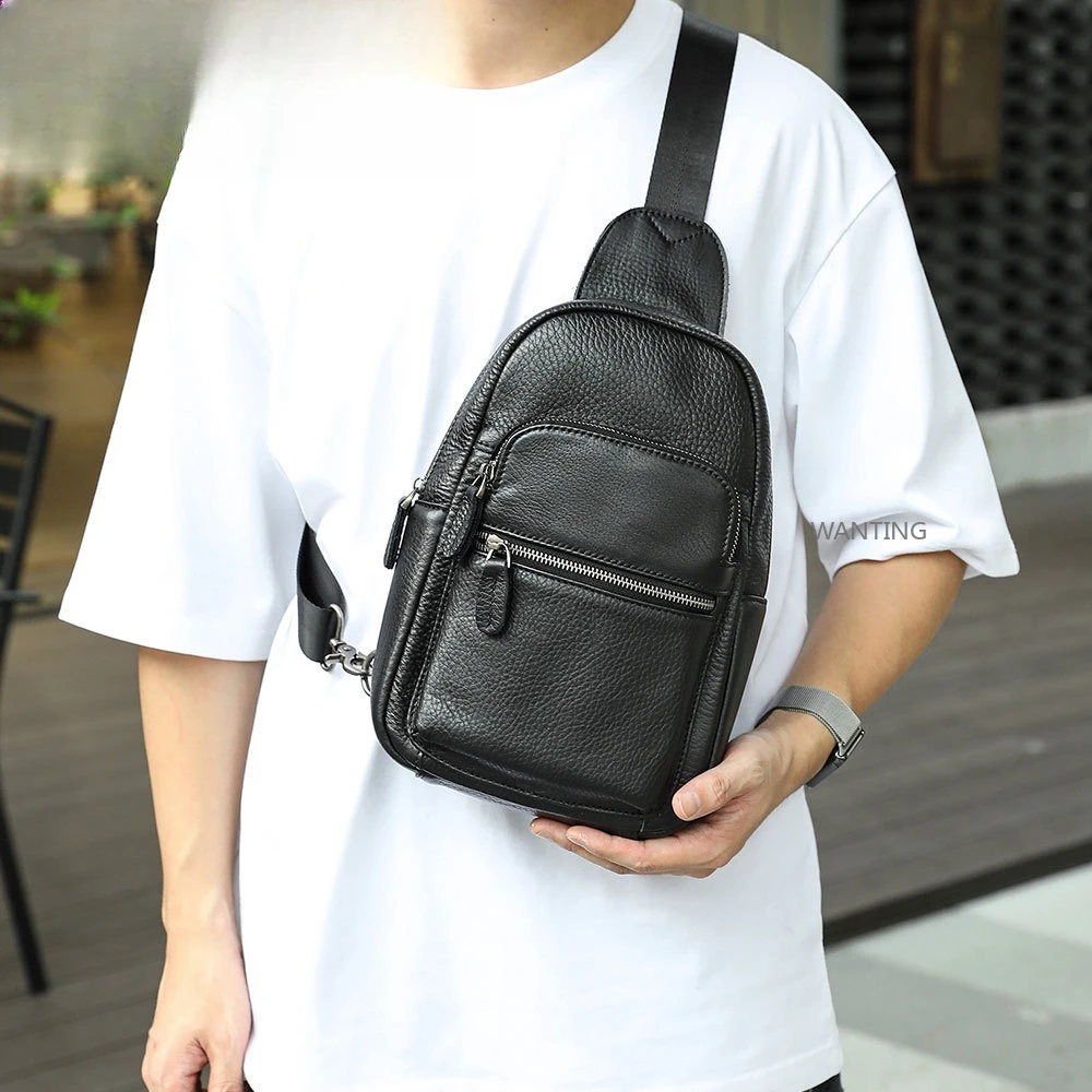 

Men's Leather Chest Bag Fashion Casual Small Backpack Soft Leather Shoulder Bag Cowhide Crossbody Backpack