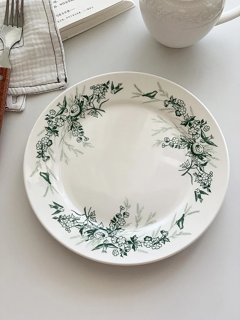 Retro Chinese Ceramics Dream Love Dish Western Dinner Plate Dessert Bowl Cake Plate round Shape Floral Pattern French Style
