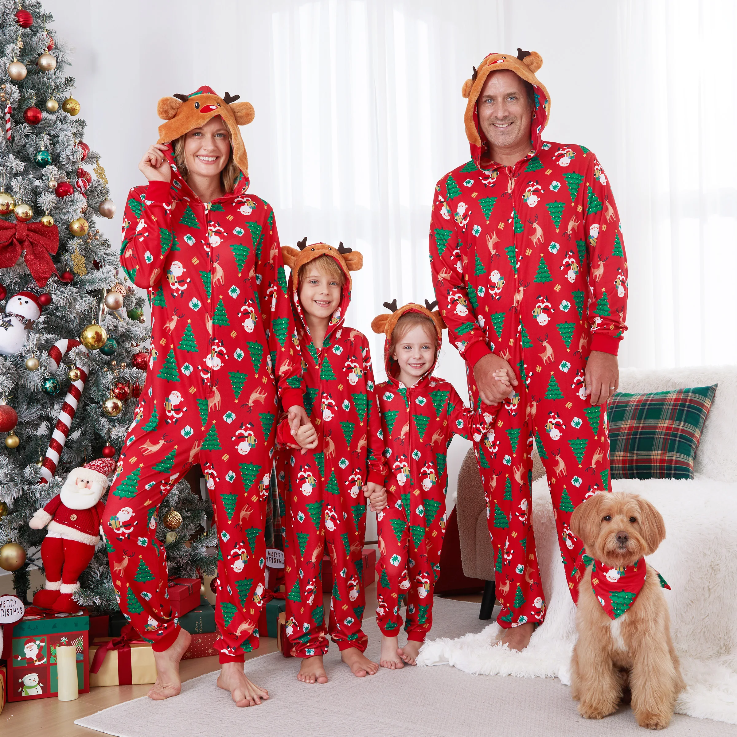 

PatPat Christmas Family Pajamas Sets 3D Reindeer Hooded Allover Print Onesies