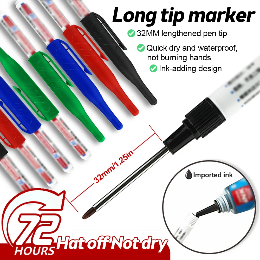 5Pcs/Set 32mm Long Head Markers Pen Bathroom Woodworking Decoration Multi-purpose Deep Hole Marker Pens Pen Black Blue Red Ink