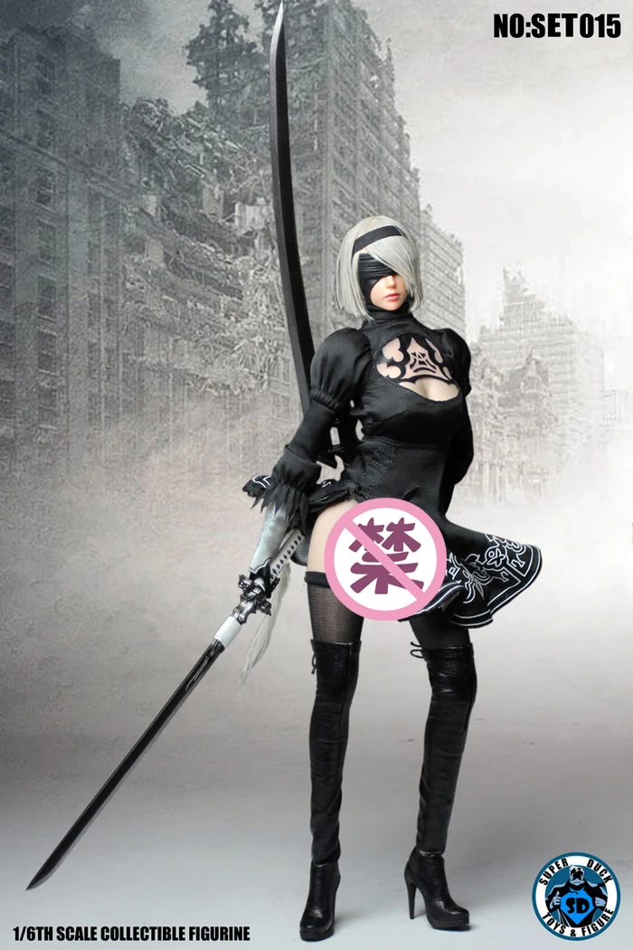 SUPER DUCK SET015 1/6 NIER Ulha AUTOMATA YORHA Robot Suit 2B Miss Sister Black Dress Clothes Suit & Head & arma accessori