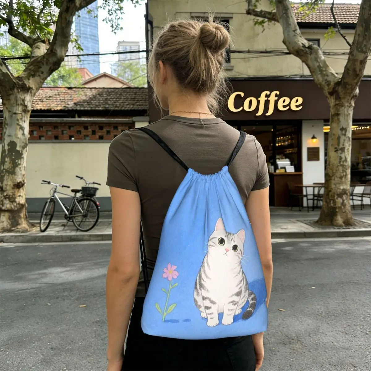 Joyful Kitten And One Flower Backpacks Fashion Drawstring Bags Shoes Bag Book Bags for Man Woman School