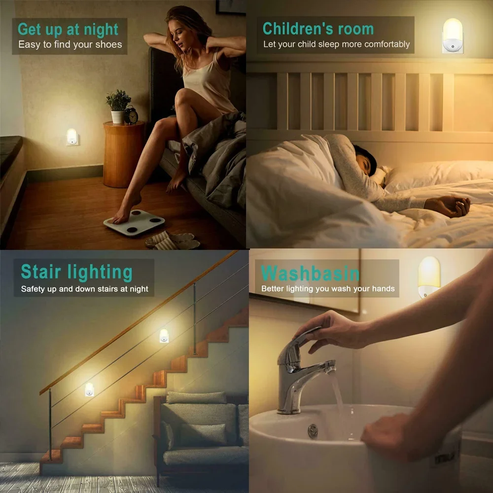 EU US Plug In LED Night Light Dusk To Dawn Photocell Sensor Wall Light Warm White Indoor Lamp For Bedside Toilet Stairs Lighting