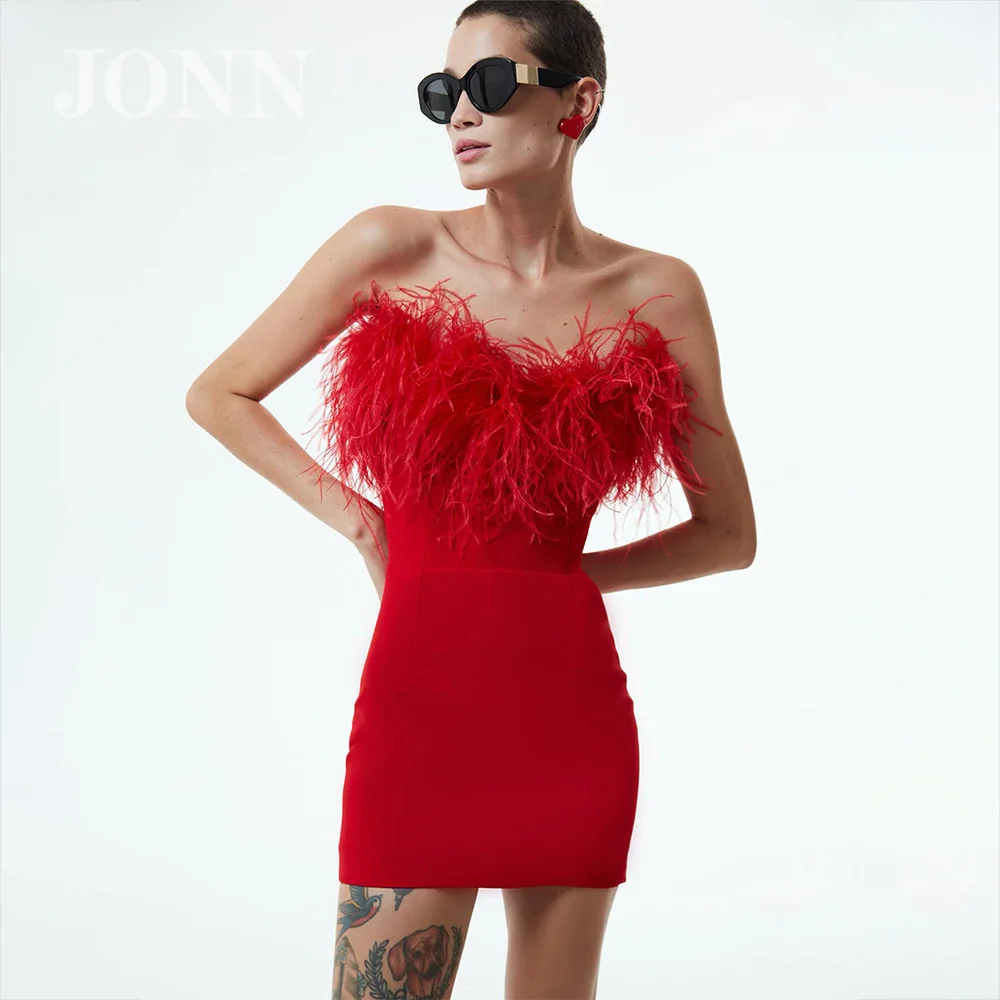 

JONN Elegant Red Christmas Dress for Women Sexy Strapless Feather Patchwork Bodycon Bandage Short Prom Party Dress Holiday