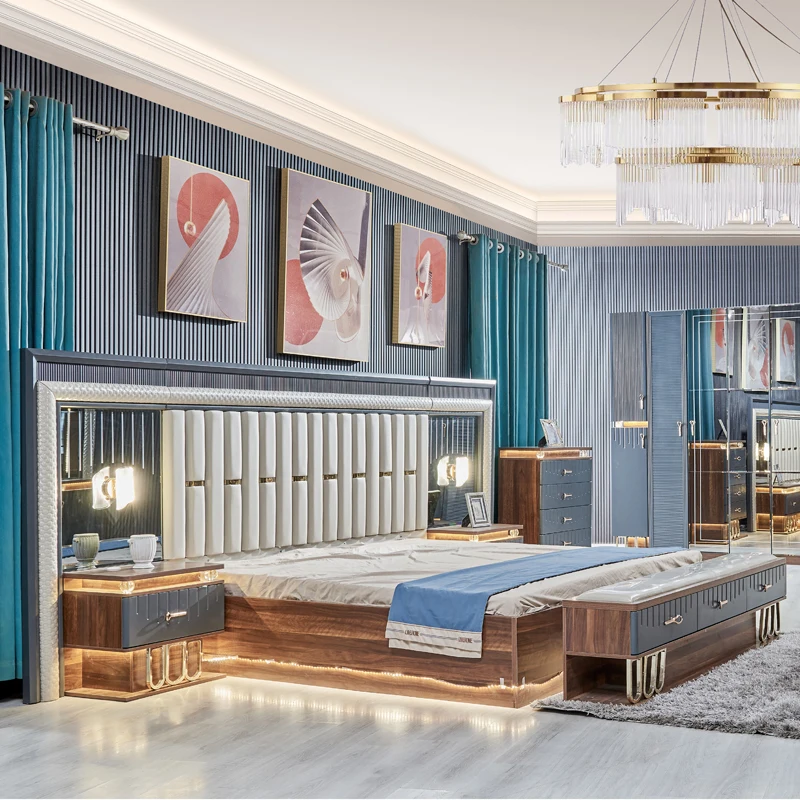 

&2024 Latest Design Turkish King Size Leather Full Double Bed Set Master Room Modern Luxury Wooden Home Furniture for Bedroom