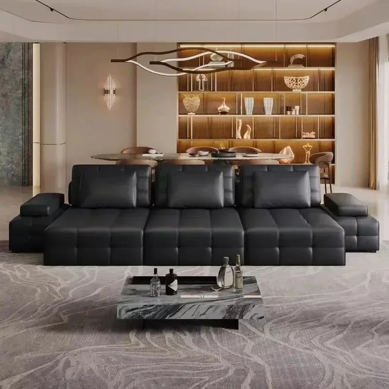 Multifunctional Electric Sofa Straight Row Black Sleeper Lazy Convertible Sofa Bed Luxury Lawrence Genuine Leather Living Room
