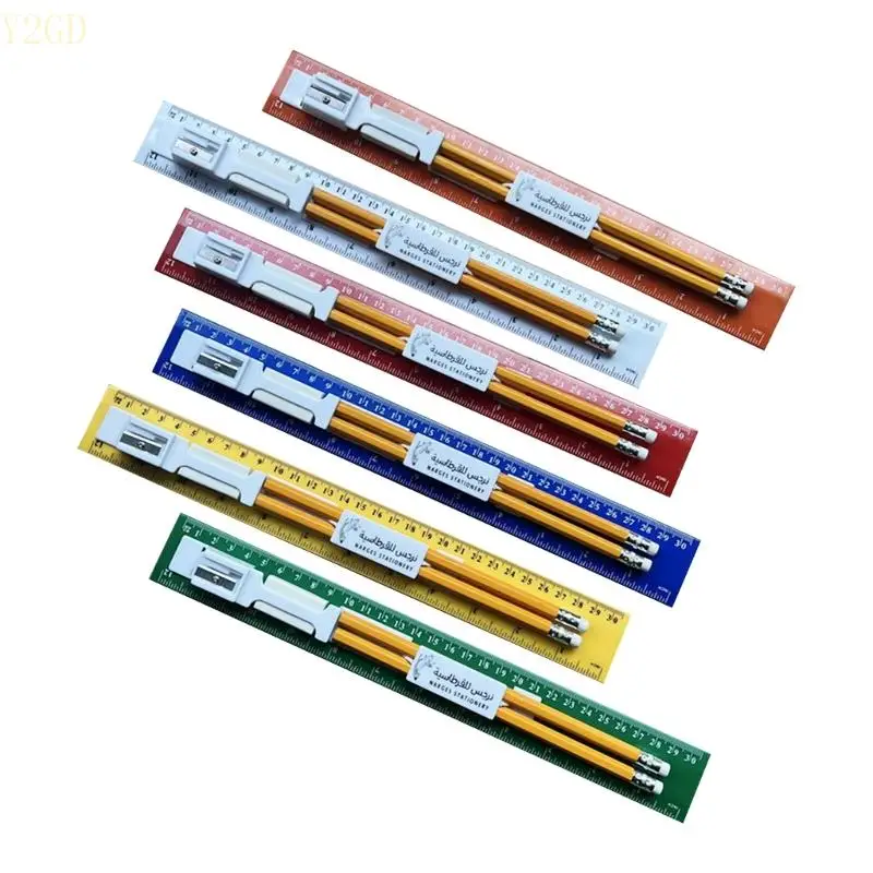 Y2GD 5 Sets All-in-One 30cm Ruler with Pencil Sharpener and Writing Supplies