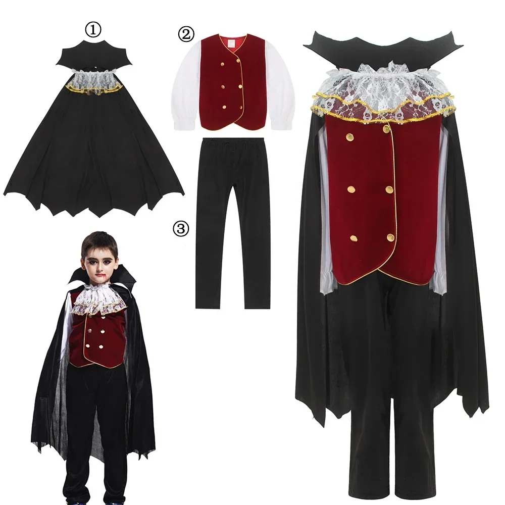 Mädchen Cosplay Kostüm Kleid Kinder Gothic Vampir Rollenspiel Outfit Schwarzes Rotes Satinkleid für Halloween Verkleidungsparty – Detail 10