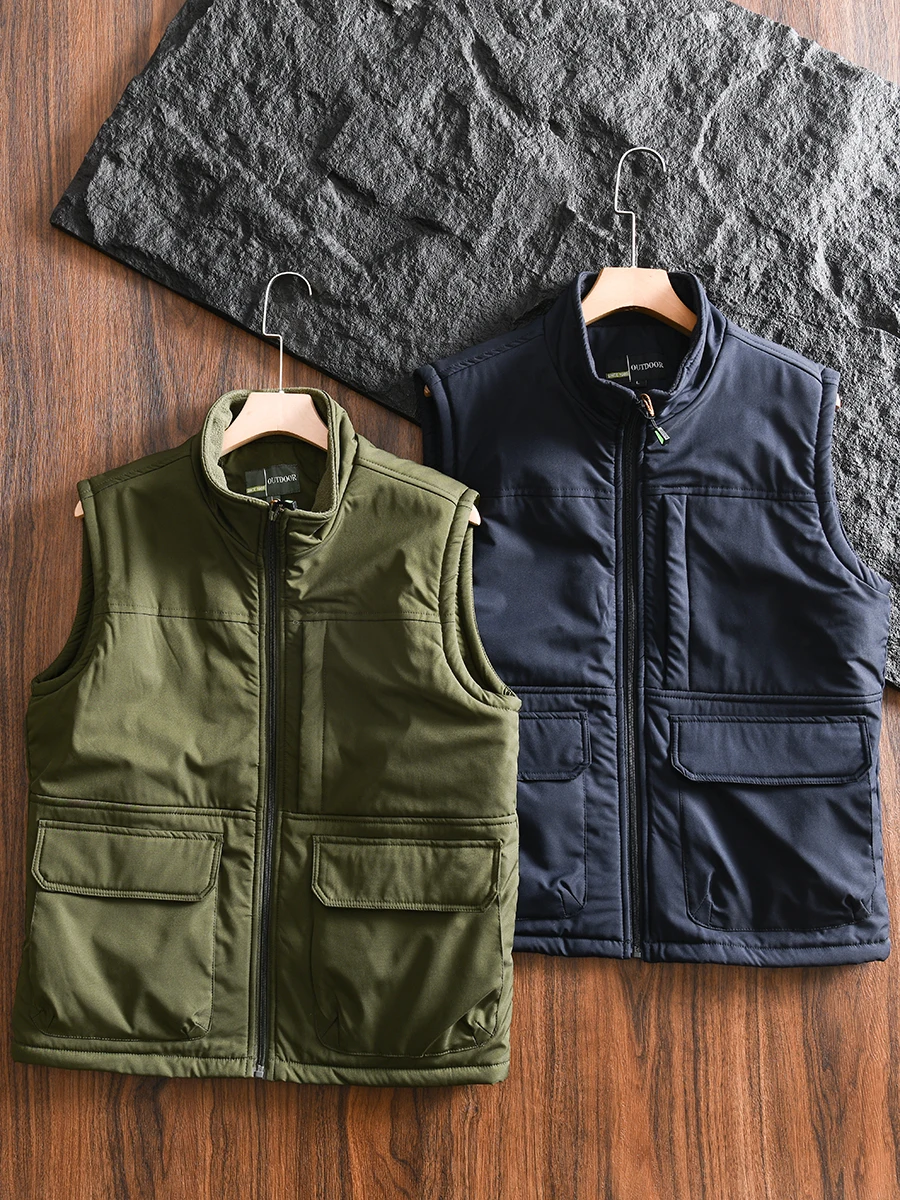Thickened Fleece Outdoor Workwear Men's Autumn Winter Stand Collar Vest Windproof Water Resistant Youth Fashion Urban Style