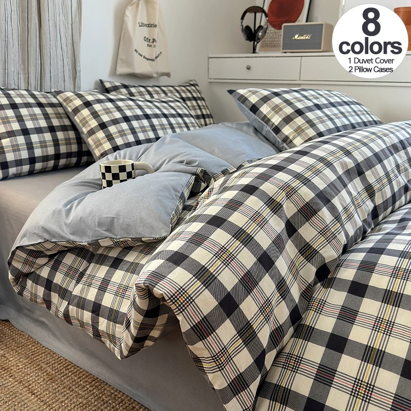 100% Cotton Plaid Style Duvet Cover Set with 2 Pillowcases - Soft & Breathable Bedding Set, Hypoallergenic, Easy Care