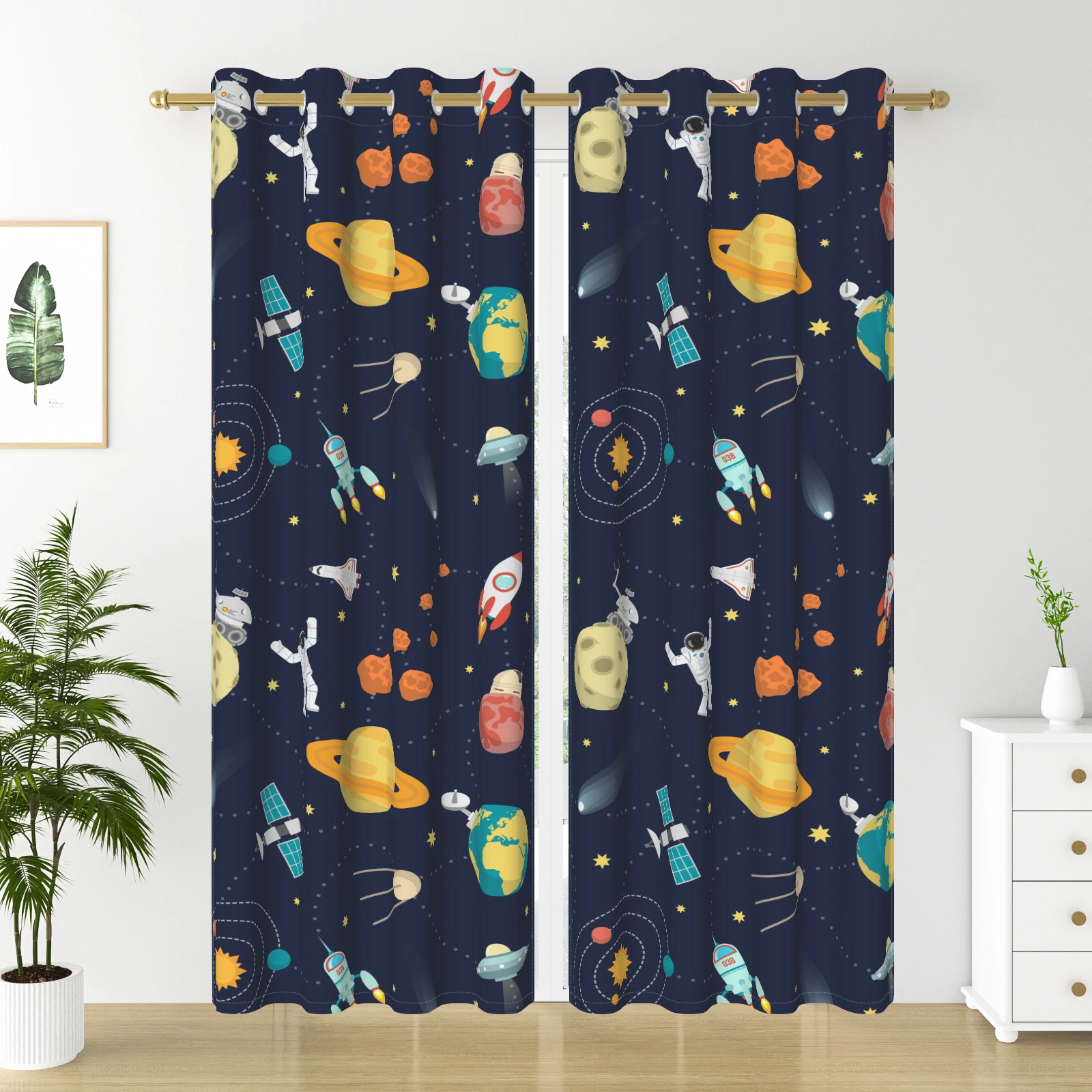 Cartoon Space Astronaut Planet Blackout Curtains 2 Panels, Grommet Thermal Insulated Drapes for Kids Bedroom Living Room Decor