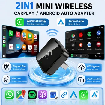 Adaptador 2 em 1 com fio e sem fio para CarPlay e Android Auto, compatível com sistemas de som originais de veículos, com entrada USB, Bluetooth, plug and play, caixa inteligente e atualização OTA para veículos Mercedes-Benz.