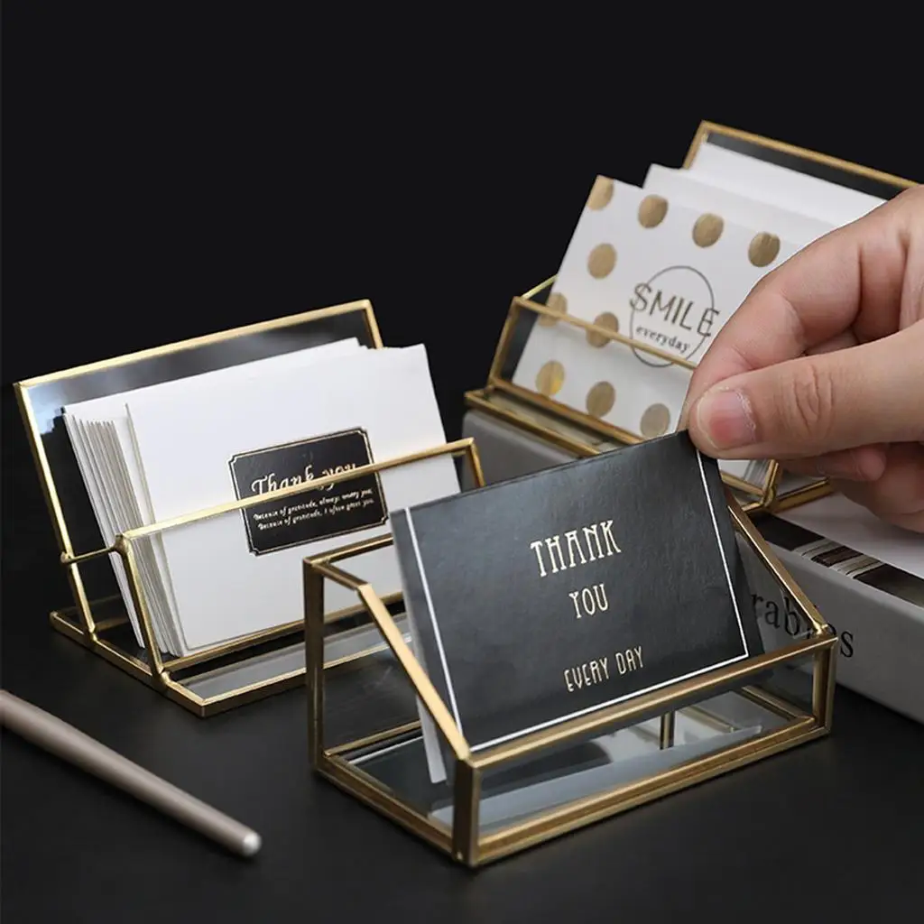 Modern Business Card Holder Glass Box Brass Gold Finish Desk Display Case for Cards and Jewelry Storage