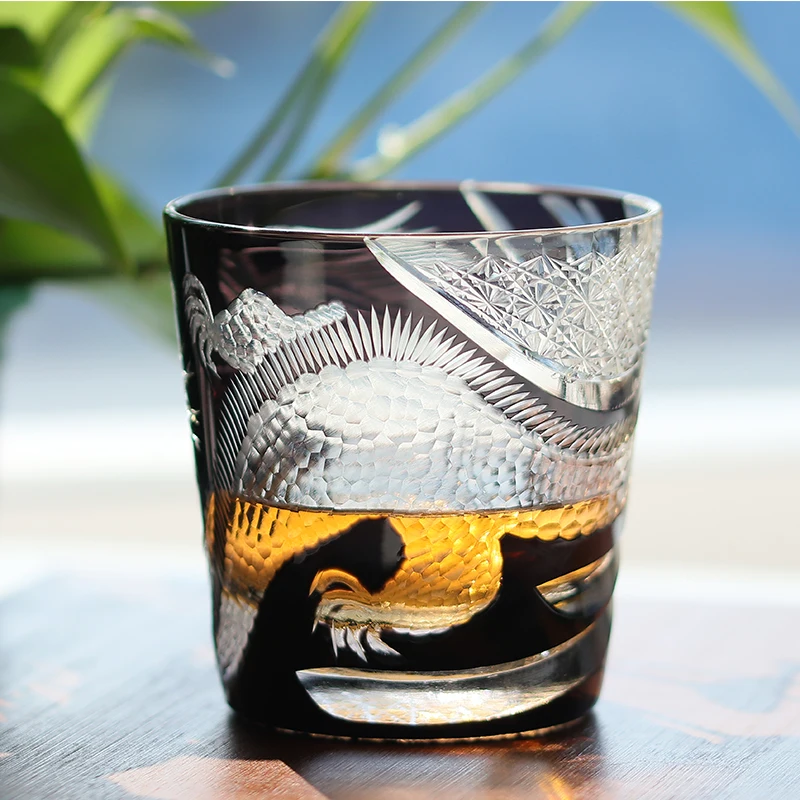Handmade Hand Engraved Edo Kiriko Animal Design Whiskey Glass Tumbler - Glassware for Spirits And Beverages