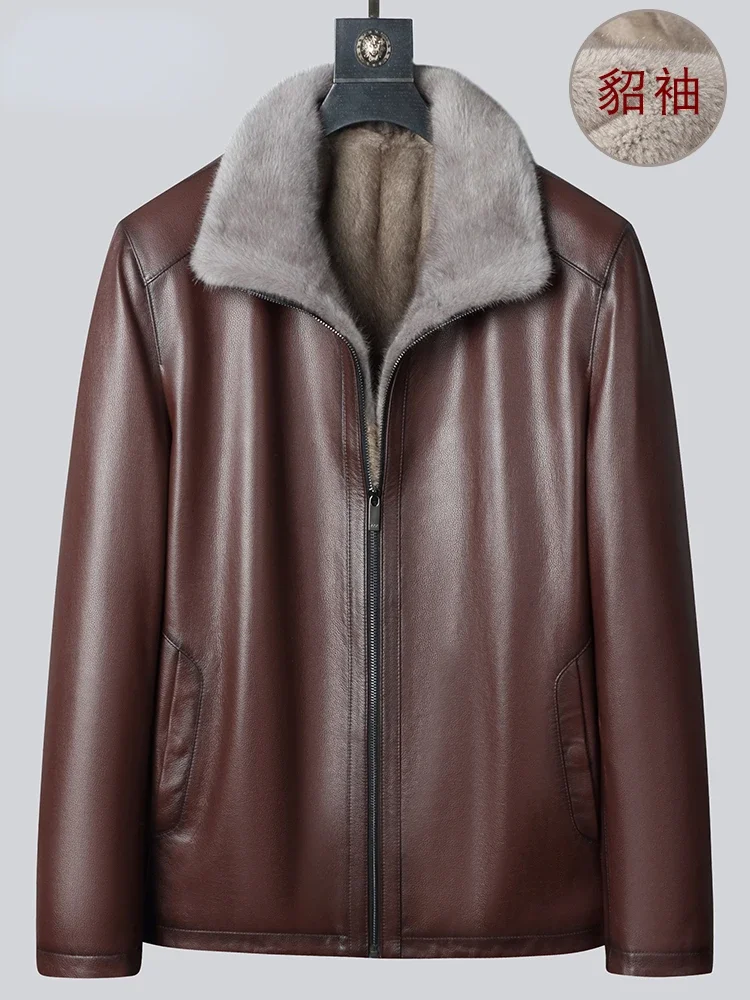 Men's Mink Fur Sleeve Genuine Leather Jackets Men Whole Mink Inner Parkas Winter Mens Fur Jacket Coat Natural Cowhide Clothes FC