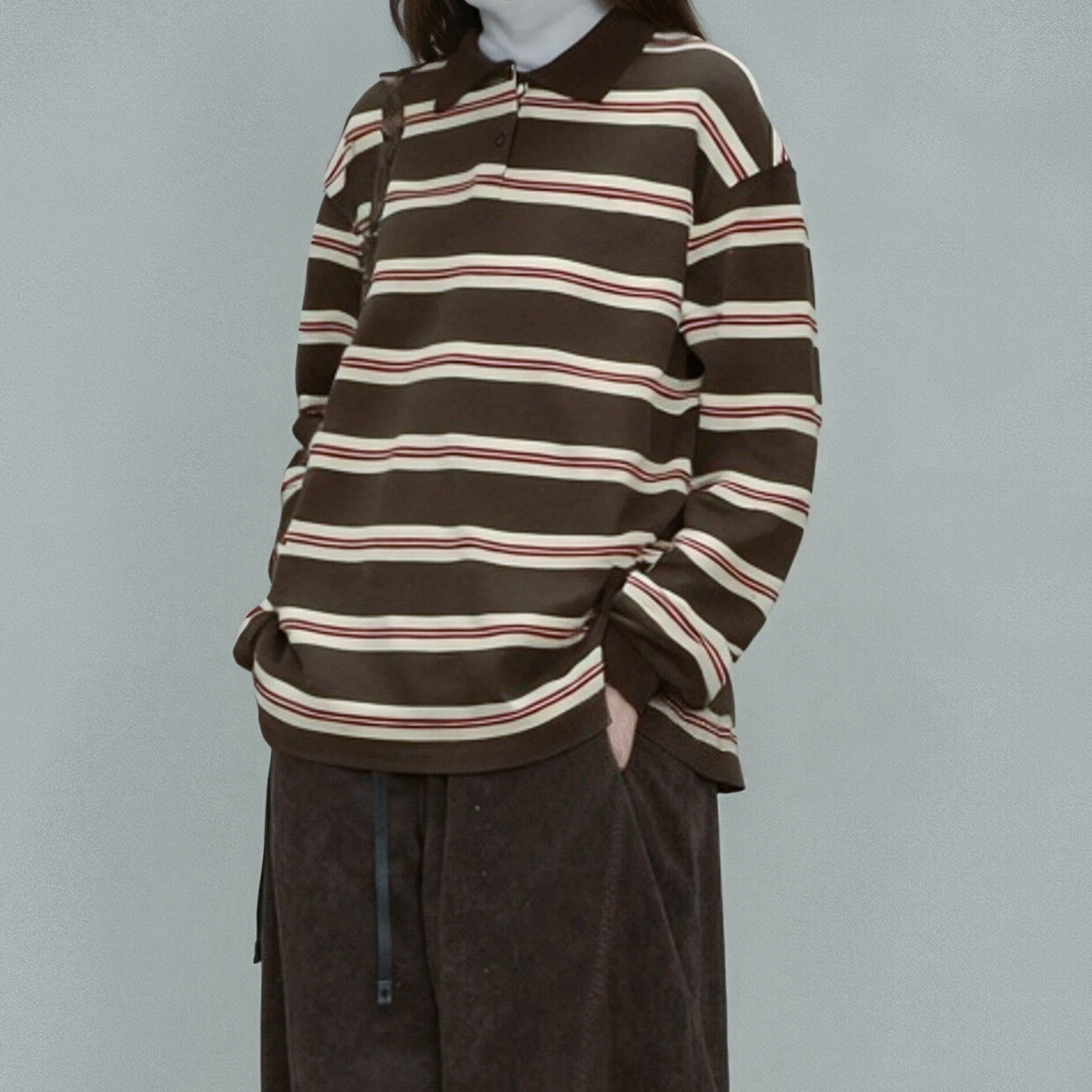 

Vintage Patchwork Shirts Women’s Rugby T-Shirts Long Sleeve V Neck Stripes Print Loose Tops Spring Fall Blouses