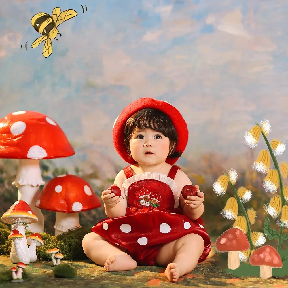 Baby Girl Photography Clothing Little Red Riding Hood Theme Jumpsuit + Hat Suit Red Polka Dot Mushroom Skirt Studio Photo Outfit