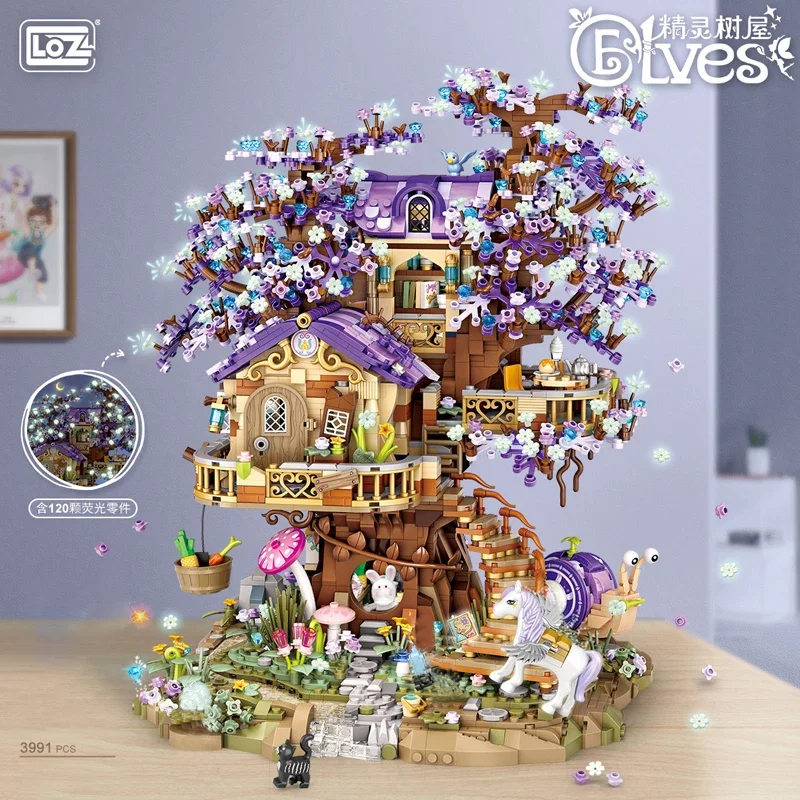 Kreative LOZ Mini EIf Baum Haus Leucht Ziegel Bausteine DIY Stadt Street View Kirschblüte Modell Spielzeug Für Kinder Geschenk