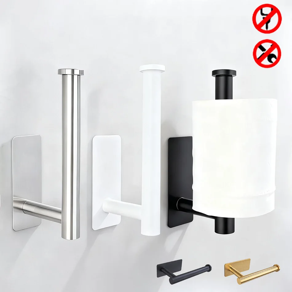 Stainless Steel Paper Holder White Adhesive Wall Mount Stand Kitchen Bathroom Toilet Paper Towel Tissue Roll Shelf Brushed Gold