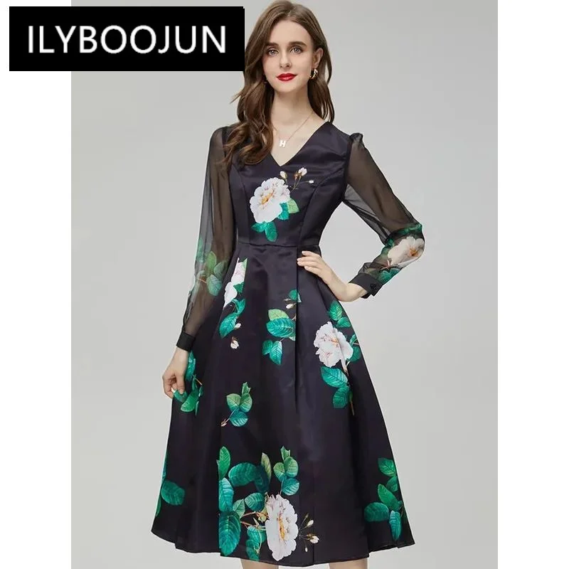 

ILYBOOJUN Autumn Fashion Designer Vintage Floral Print Dress Women's V Neck Long Sleeve Holiday Party High Waist Slim Long Dress