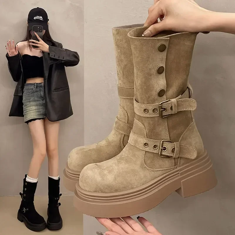 Designer's New Women's Long Boots, Fashionable Height Increasing Outdoor Knight Boots, Retro Waistband Buckle Women's Shoes