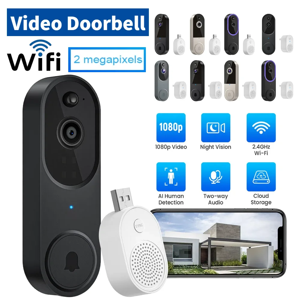 

1080P умная видеокамера дверного звонка, беспроводная Wi-Fi видео безопасность, звонок с обнаружением движения, ночное видение, двусторонняя аудиокамера для дома