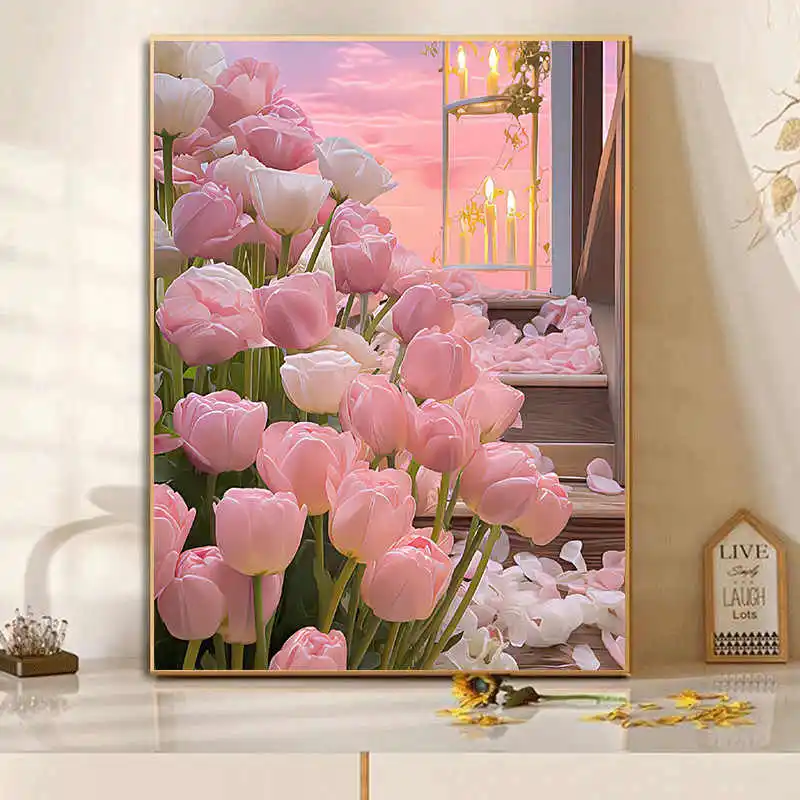 DIY Needlework Cross Stitch Kits Candlelight Tulip Pattern Printed Canvas Cross-Stitch Cotton Thread Set Embroidery Decor
