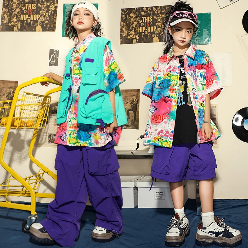 Kids Vintage Print Shirt e Street Wear Vestuário, Meninas, Meninos, Tops, Carga, Roxo, Calças Hip Hop, Criança, Roupas de dança Jazz