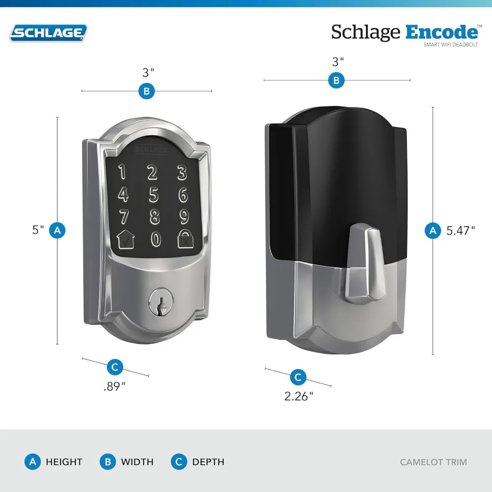 Schlage Encode Smart WiFi Deadbolt mit Camelot-Besatz in hellem Chrom