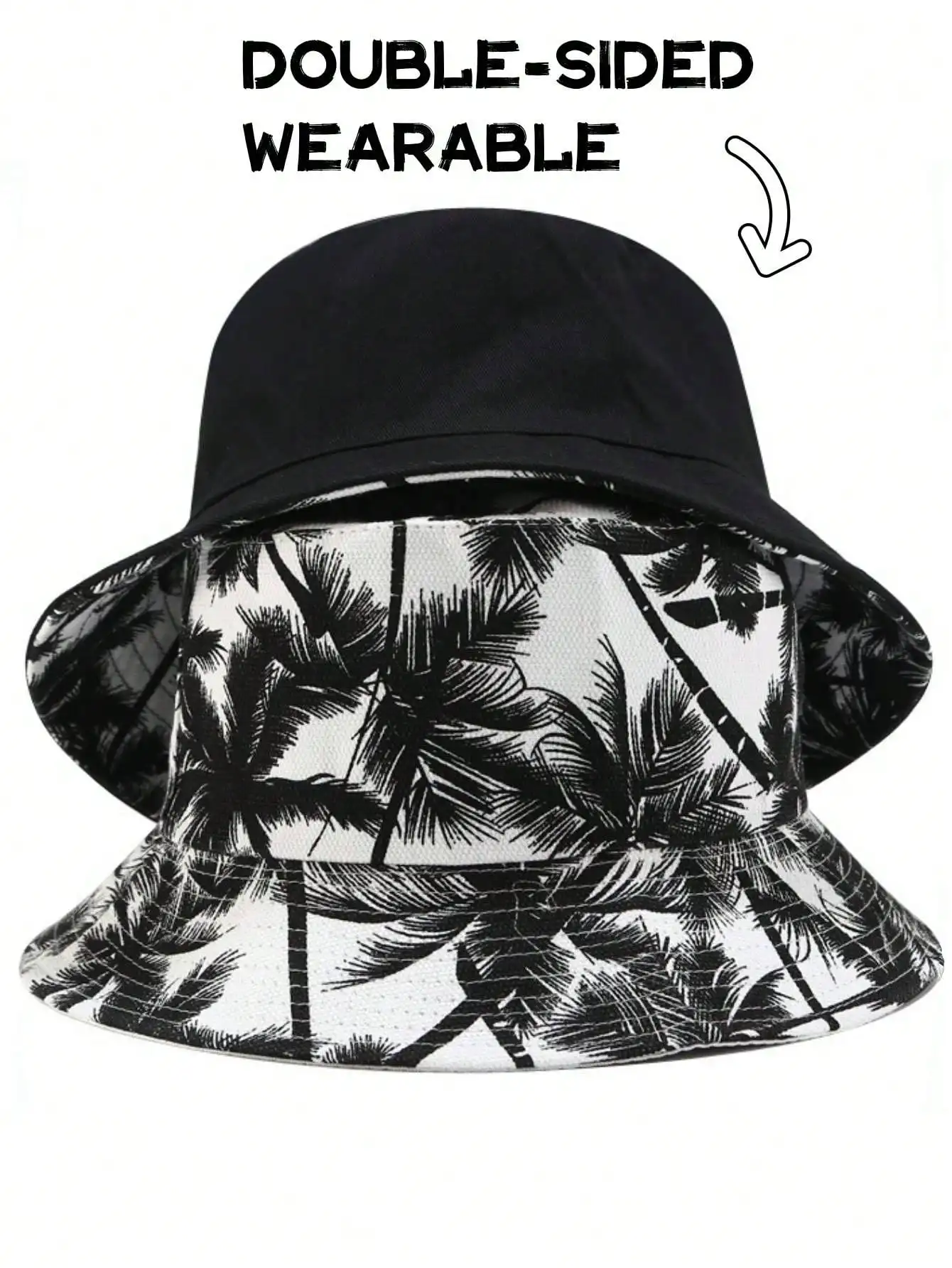 1 Unisex-Fischerhut mit Kokosnussbaum-Muster / Strand-Sonnenhut, wendbar, Herren-Fischerhut im Bohemian-Stil mit Palmen-Print