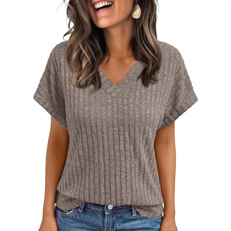 

2025 New Women's V-neck T-shirt Short-sleeved Pit Strip Loose Pullover Simple and Elegant Basic Tees for Female