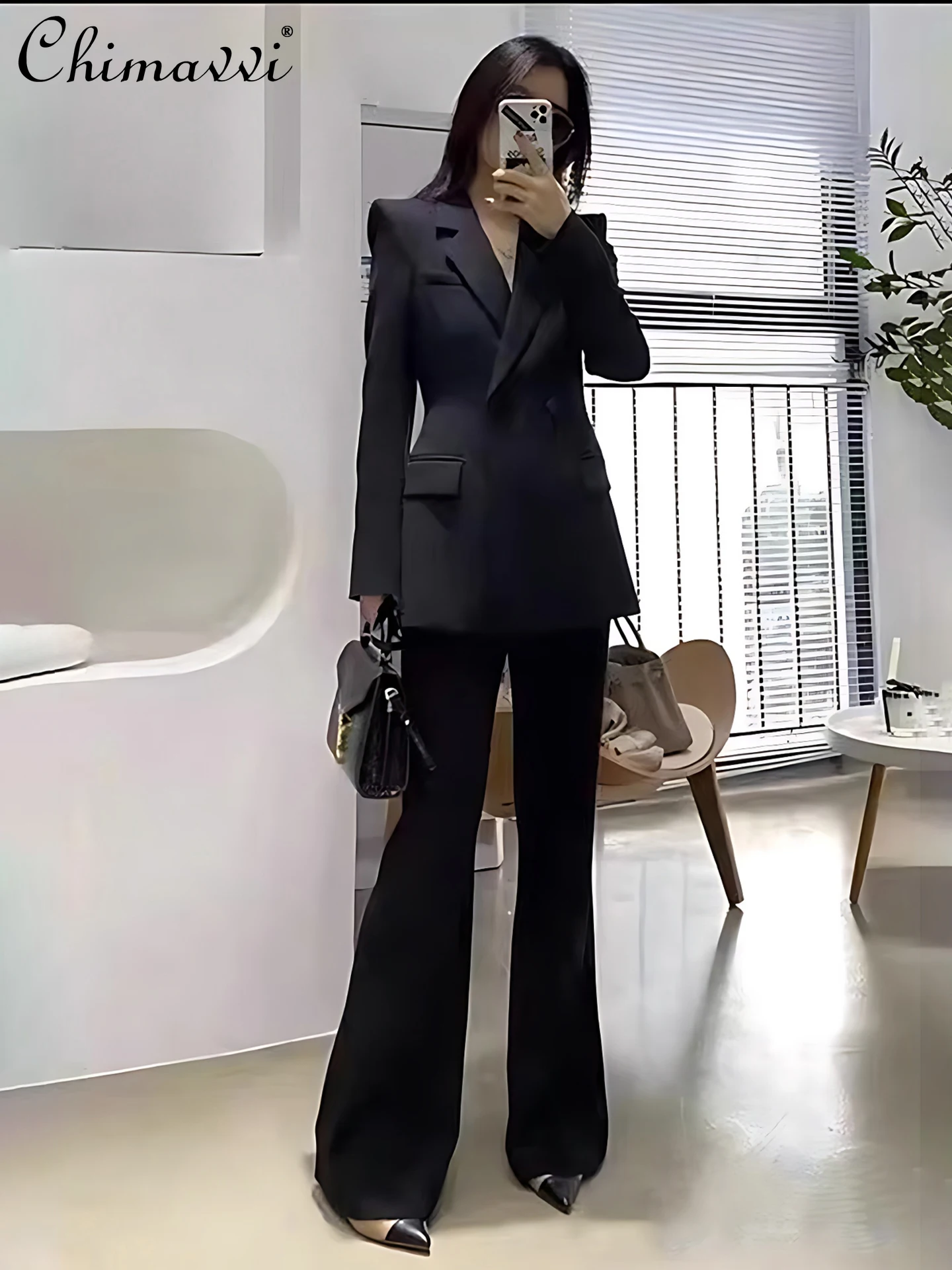 

Black Elegant Commuter Suit for Women High-End Professional Long-Sleeve Blazer Wide-Leg Pants Two-Piece Set 2025 Autumn New