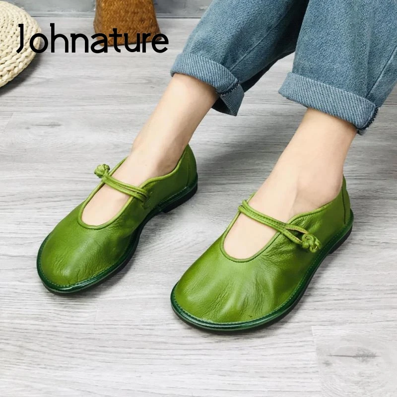 Johnature 2024 New Genuine Leather Flats Women Shoes Round Toe Casual Shallow National Style Soft Handmade Concise Ladies Shoes