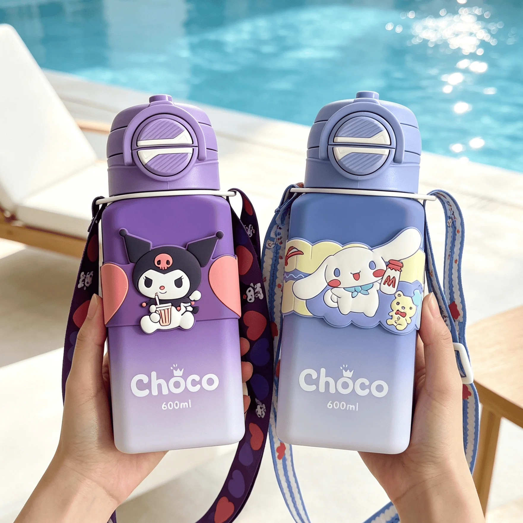 Sanrio Cartoon Double Drinking Water Bottle Gradient Matte Double Drinking Mouth Strap and Handle High Beauty Water Bottle Plast