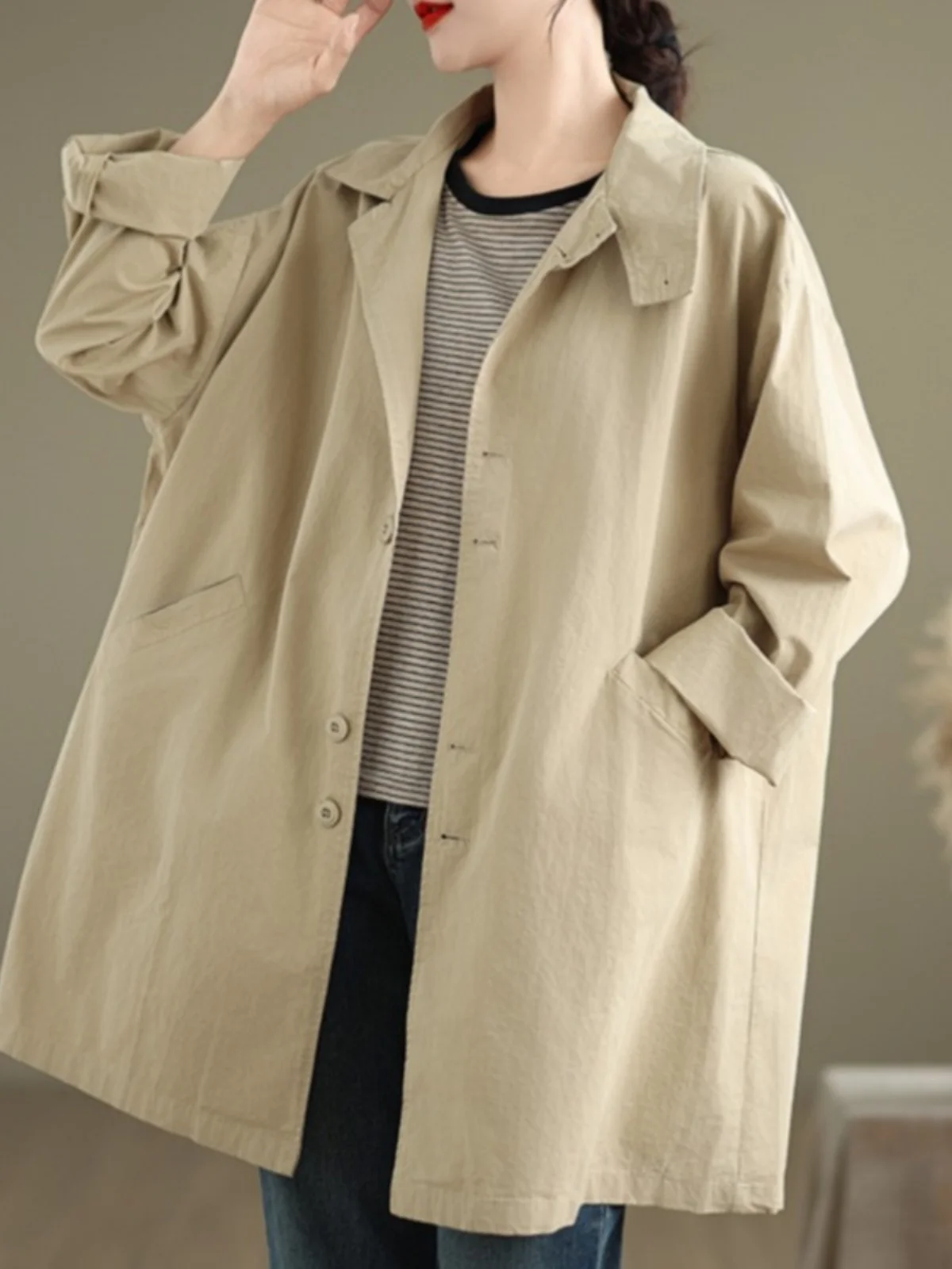 

Женское длинное пальто в европейском стиле в стиле ретро, свободный крой, с отложным воротником, повседневная универсальная весенне-осенняя верхняя одежда, дизайн Ele