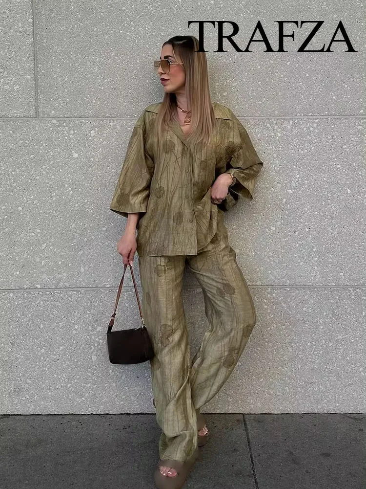 TRAFZA abito moda donna stampa colletto rovesciato maniche lunghe camicie Casual monopetto + pantaloni a gamba larga con lacci a vita alta