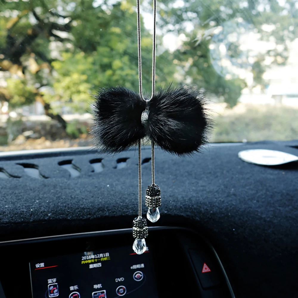 Car Pendant Crystal Decoration Auto Suspension Ornaments Plush Bowknot Automobiles Interior Rearview Mirror Charm Hanging Trim