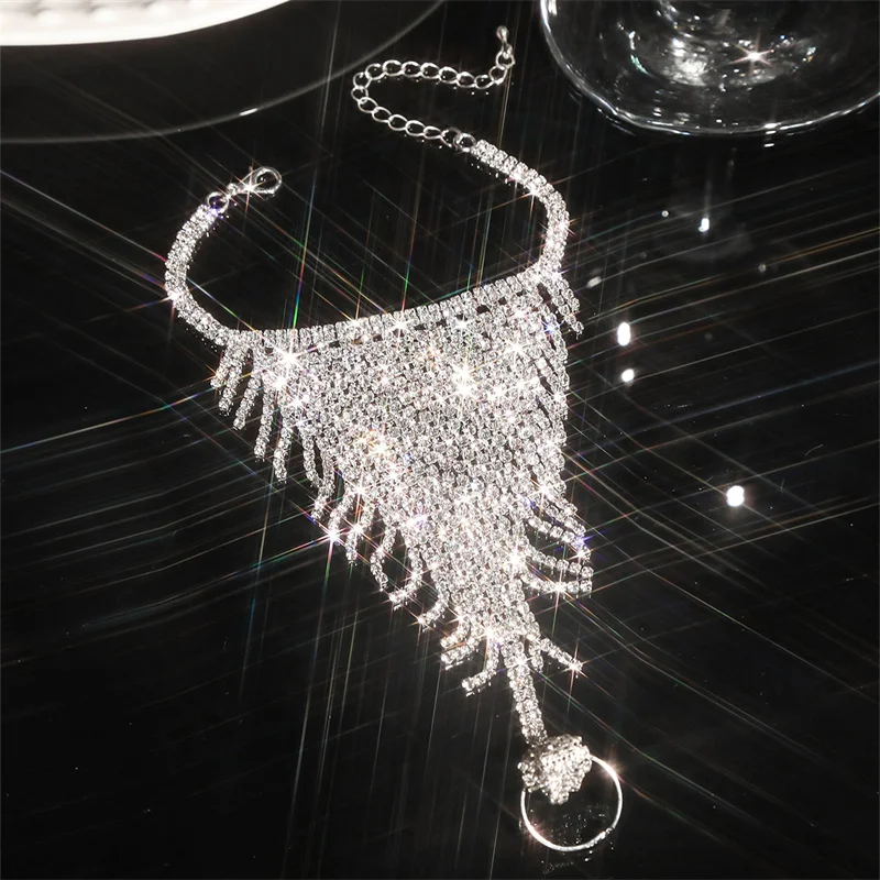 Multi-layered imitation rhinestone integrated ring bracelet, alloy hand jewelry, women's wedding bridal accessory