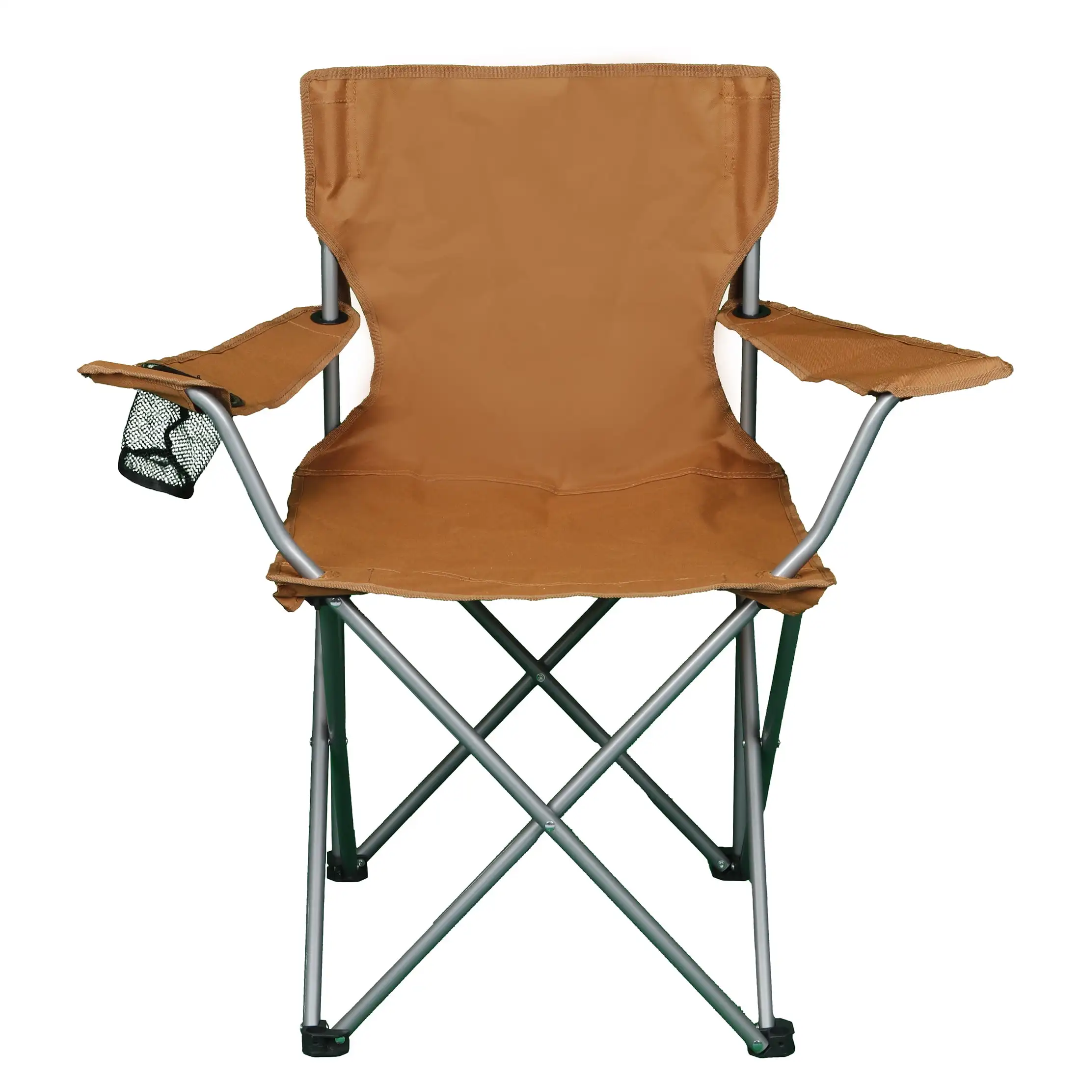 Basic Quad Folding Camp Chair with Cup Holder, Brown, Collapsible, Portable, Adult