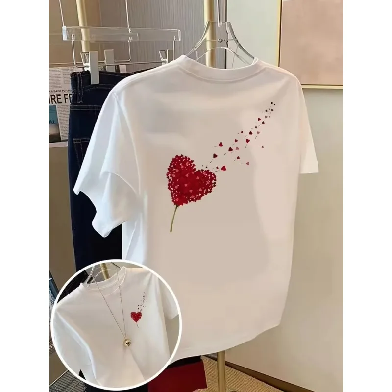 Front & Back Print Heart Rose Graphic T-Shirt Romantic Red Heart Pattern Versatile Spring Summer Fall Daily Fashion Tee