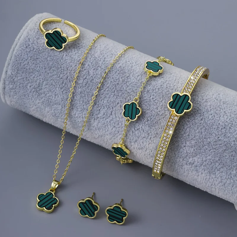 5pcs/set Luxury Quality Jewelry Sets Plum Blossom Plant Five Leaf Flower Women\'s Earrings Rings Bracelet Necklace Bangles Gift