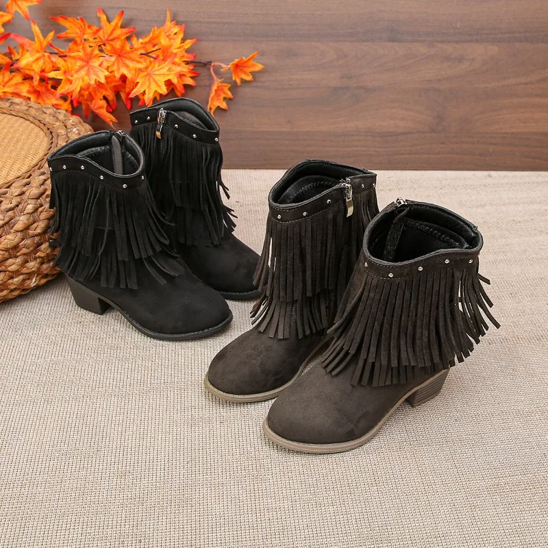 Children's Fashion Boots Girls Fringe Tassel Ankle Boots Block Heel-Kids Anti Slip Versatile Autumn Footwear Kids Shoes for Girl