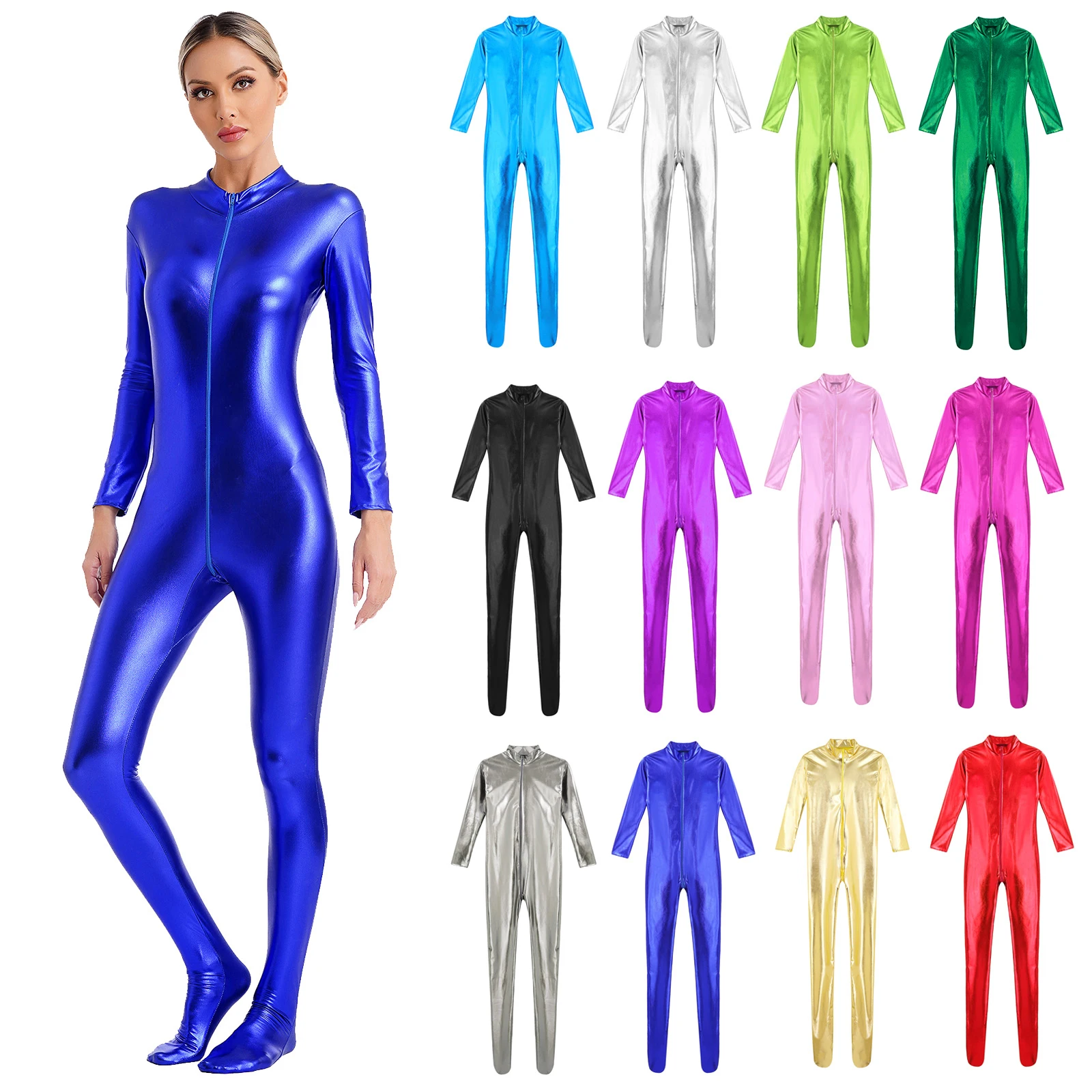 Women Metallic Shiny Zentai Jumpsuit Long Sleeve Full Body Unitard Tights for Screen Stage Performance Pole Dancing Costumes