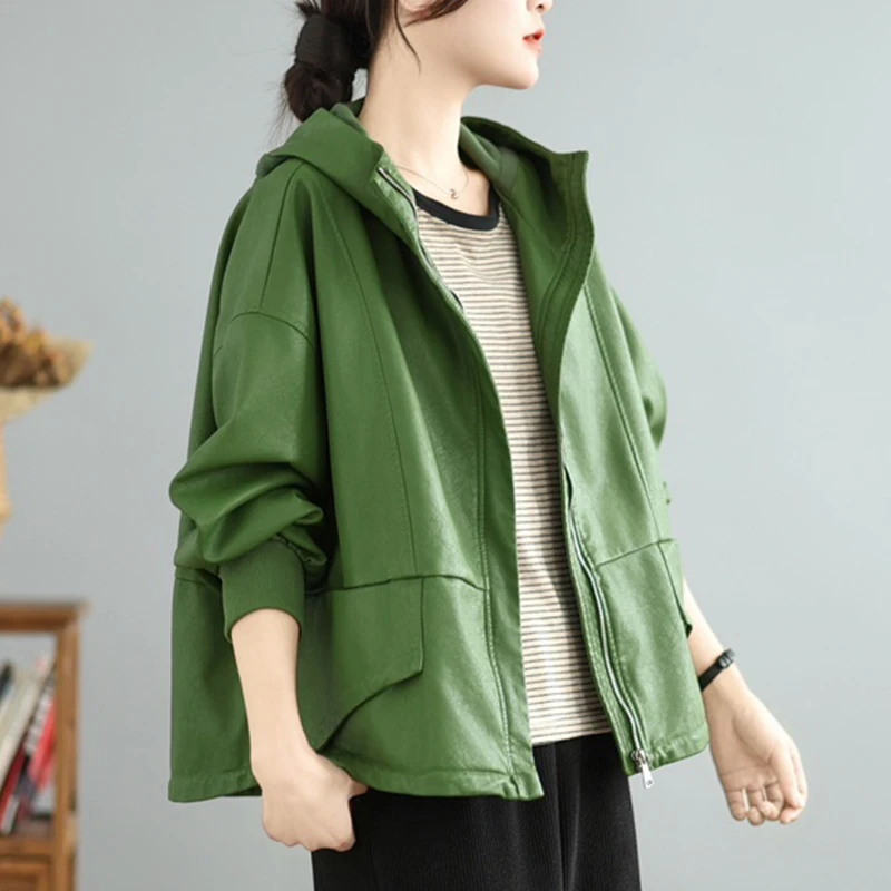 Masss wasss 2025 feminino clássico vintage com capuz lazer oversized jaquetas de couro falso senhoras moda casacos do plutônio solto blusões