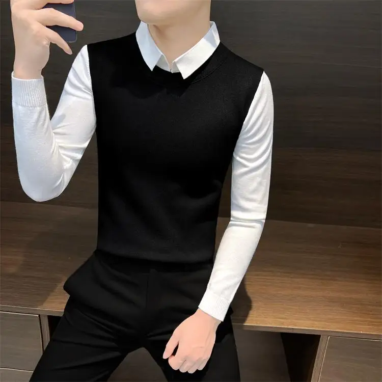 

Мужской вязаный свитер на осень-зиму: модный базовый лонгслив для молодежи, повседневный стиль, городская мода, однотонный